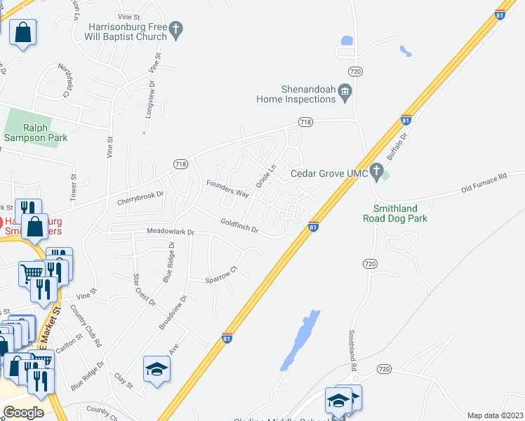 map of restaurants, bars, coffee shops, grocery stores, and more near 1046 Alexander Hamilton Lane in Harrisonburg