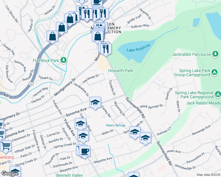 map of restaurants, bars, coffee shops, grocery stores, and more near 631 Cordelia Drive in Santa Rosa