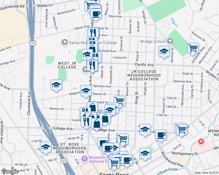 map of restaurants, bars, coffee shops, grocery stores, and more near 1117 Humboldt Street in Santa Rosa