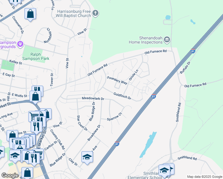 map of restaurants, bars, coffee shops, grocery stores, and more near 1204 Goldfinch Drive in Harrisonburg