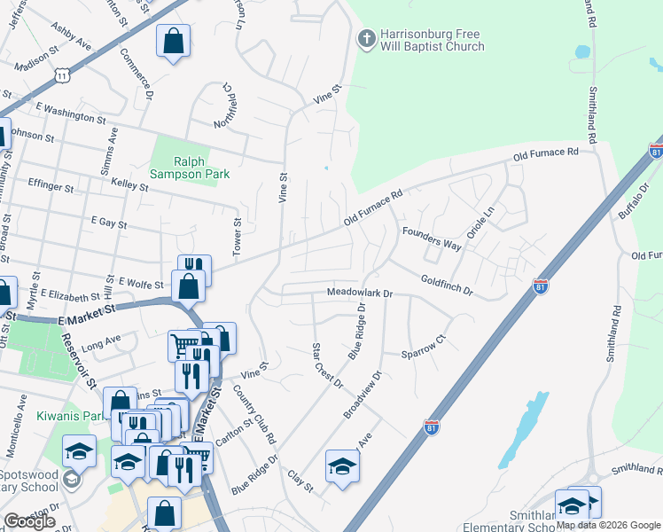 map of restaurants, bars, coffee shops, grocery stores, and more near 1058 Wellington Drive in Harrisonburg