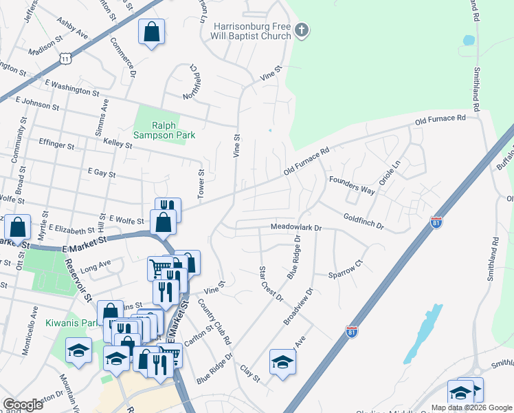 map of restaurants, bars, coffee shops, grocery stores, and more near 1035 Cherrybrook Drive in Harrisonburg