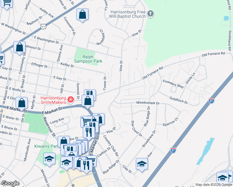 map of restaurants, bars, coffee shops, grocery stores, and more near 793 Vine Street in Harrisonburg