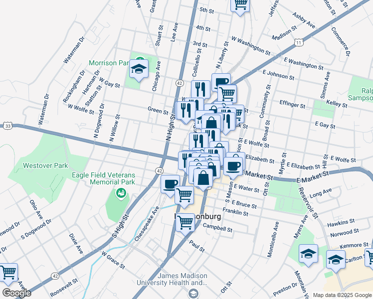 map of restaurants, bars, coffee shops, grocery stores, and more near 144 North Liberty Street in Harrisonburg