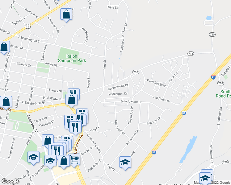map of restaurants, bars, coffee shops, grocery stores, and more near 1038 Wellington Drive in Harrisonburg