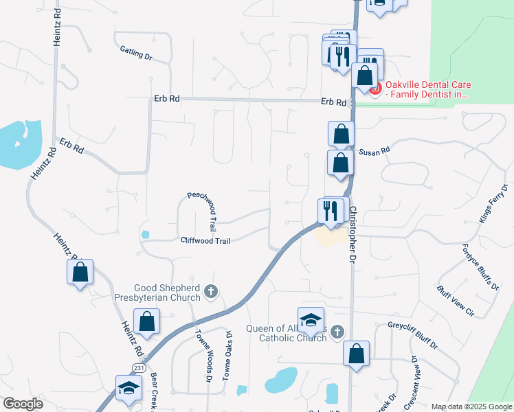 map of restaurants, bars, coffee shops, grocery stores, and more near 2604 Circlewood Trail in St. Louis