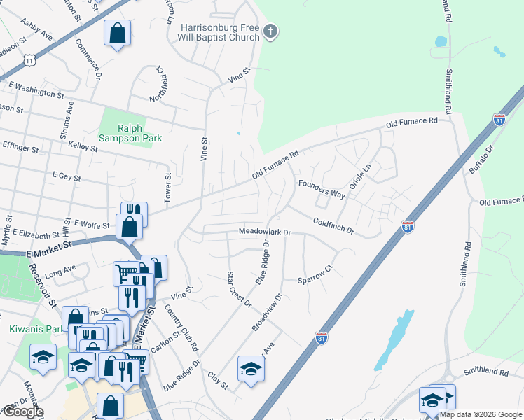 map of restaurants, bars, coffee shops, grocery stores, and more near 1058 Wellington Drive in Harrisonburg