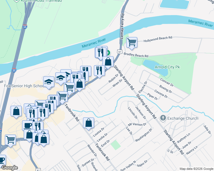 map of restaurants, bars, coffee shops, grocery stores, and more near 561 Robin Drive in Arnold