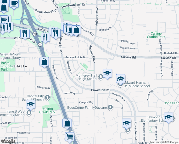 map of restaurants, bars, coffee shops, grocery stores, and more near 8251 Glencannon Way in Elk Grove