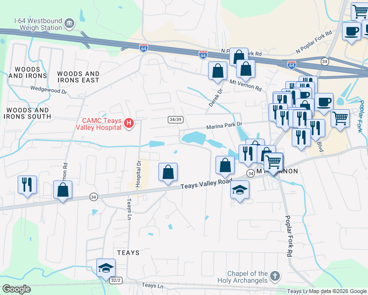 map of restaurants, bars, coffee shops, grocery stores, and more near 3 County Route 34/39 in Hurricane