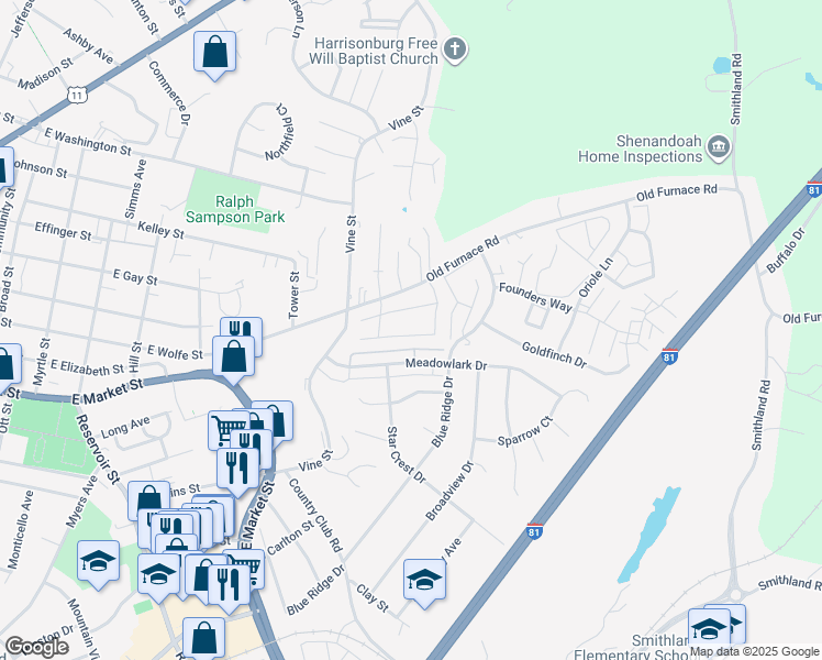 map of restaurants, bars, coffee shops, grocery stores, and more near 1058 Wellington Drive in Harrisonburg