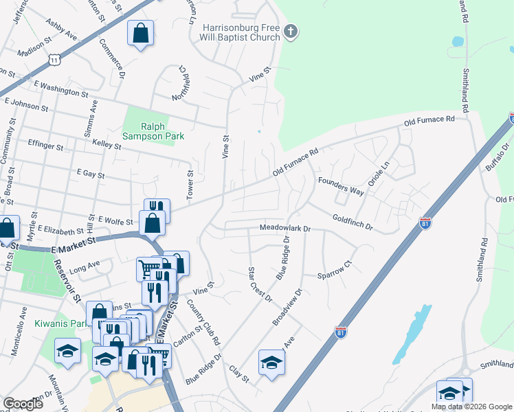 map of restaurants, bars, coffee shops, grocery stores, and more near 1035 Cherrybrook Drive in Harrisonburg