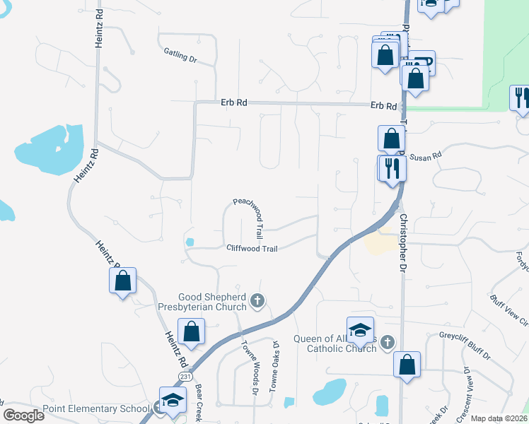 map of restaurants, bars, coffee shops, grocery stores, and more near 2705 Peachwood Trail in St. Louis