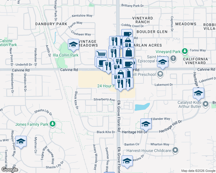 map of restaurants, bars, coffee shops, grocery stores, and more near 8426 Elk Grove Florin Road in Elk Grove
