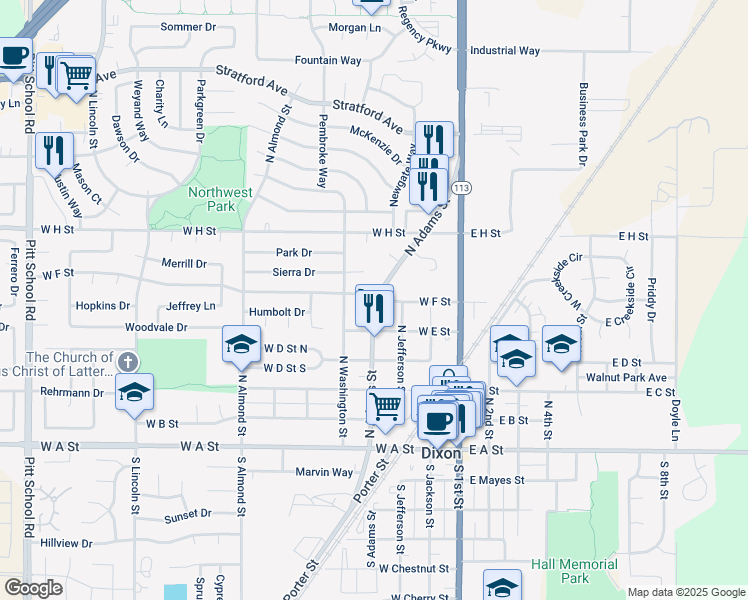 map of restaurants, bars, coffee shops, grocery stores, and more near 610 North Adams Street in Dixon