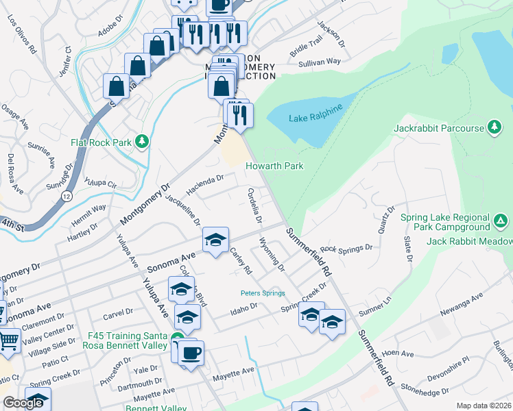 map of restaurants, bars, coffee shops, grocery stores, and more near 641 Summerfield Road in Santa Rosa