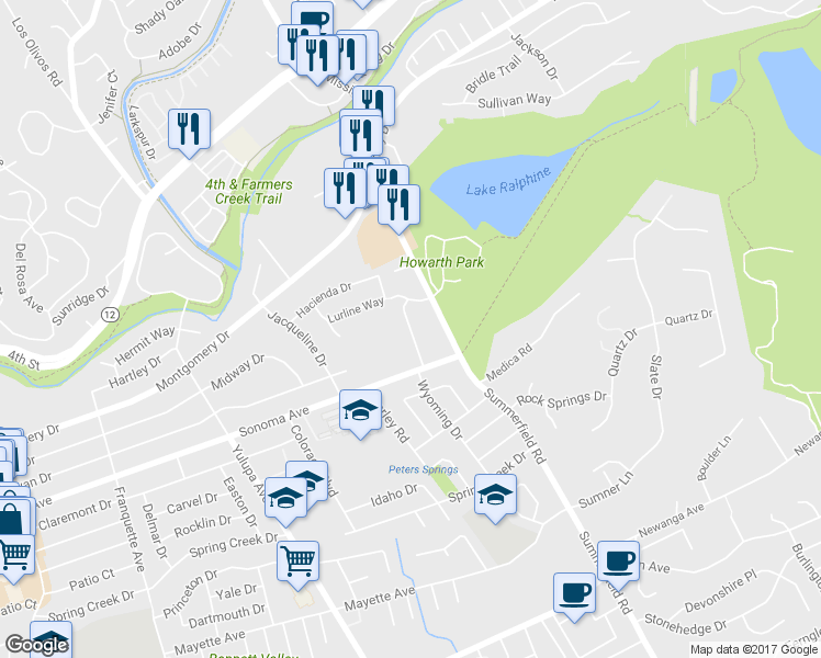 map of restaurants, bars, coffee shops, grocery stores, and more near 641 Summerfield Road in Santa Rosa