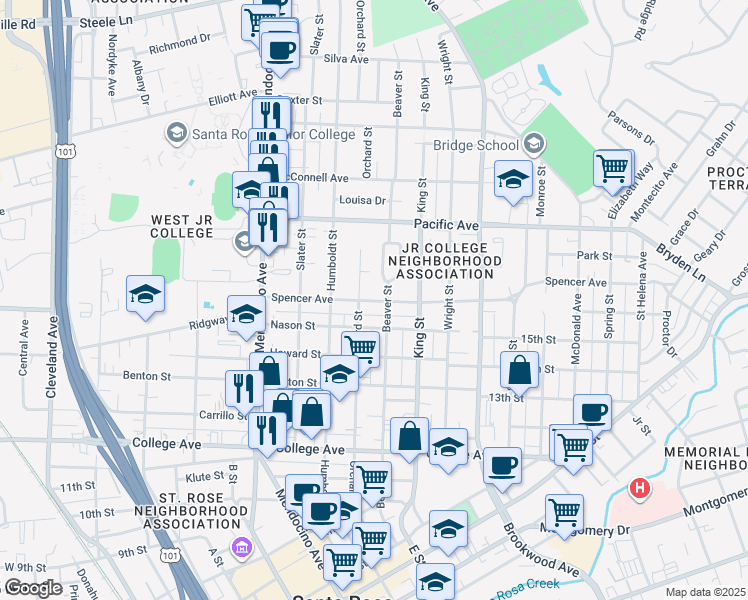 map of restaurants, bars, coffee shops, grocery stores, and more near 1120 Beaver Street in Santa Rosa
