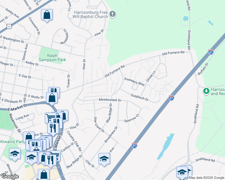 map of restaurants, bars, coffee shops, grocery stores, and more near 1141 Wellington Drive in Harrisonburg