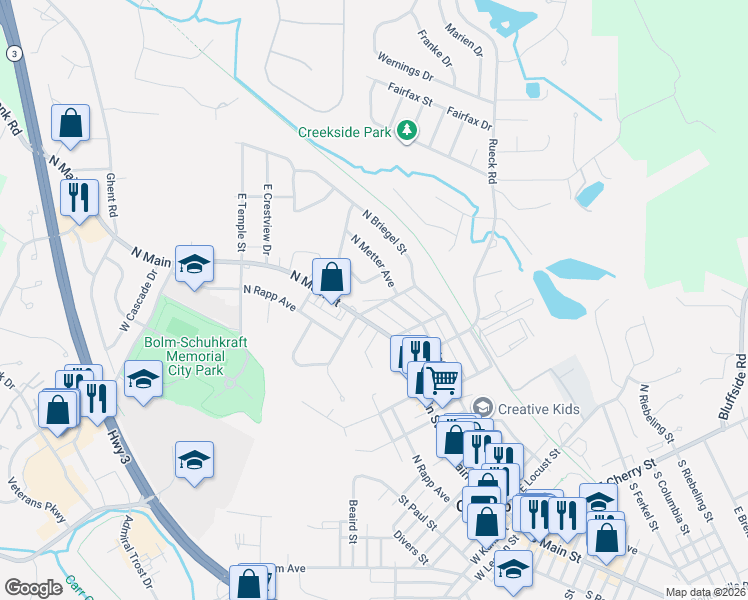 map of restaurants, bars, coffee shops, grocery stores, and more near 131 East Lepp Street in Columbia