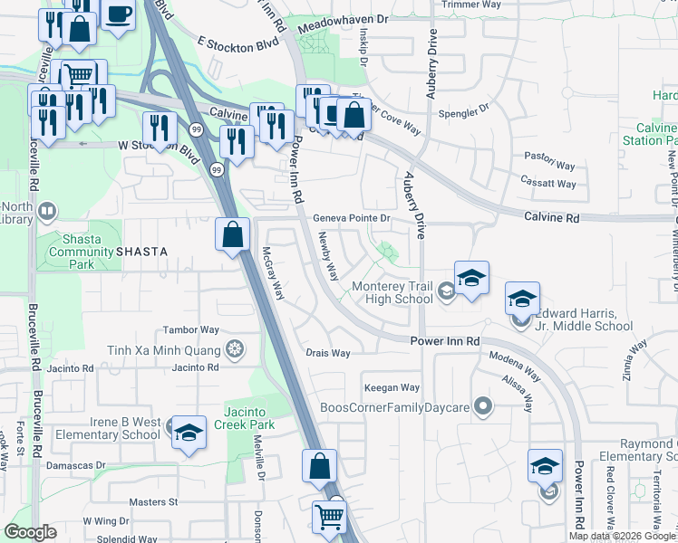map of restaurants, bars, coffee shops, grocery stores, and more near 8458 Newby Way in Elk Grove