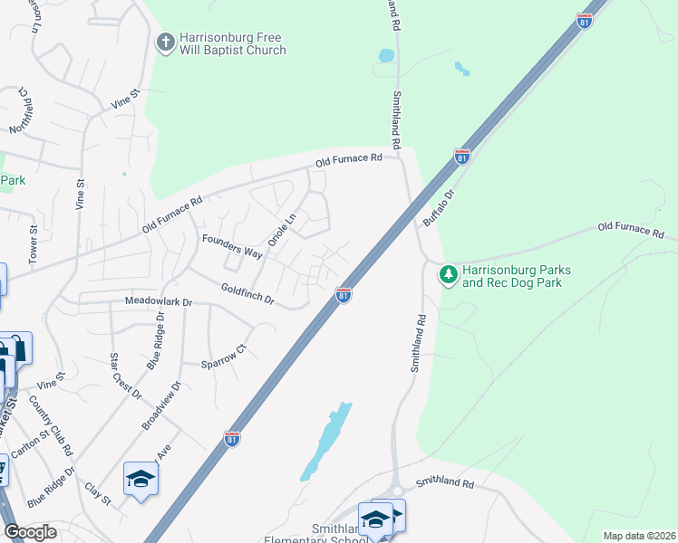 map of restaurants, bars, coffee shops, grocery stores, and more near 1055 John Paul Jones Lane in Harrisonburg