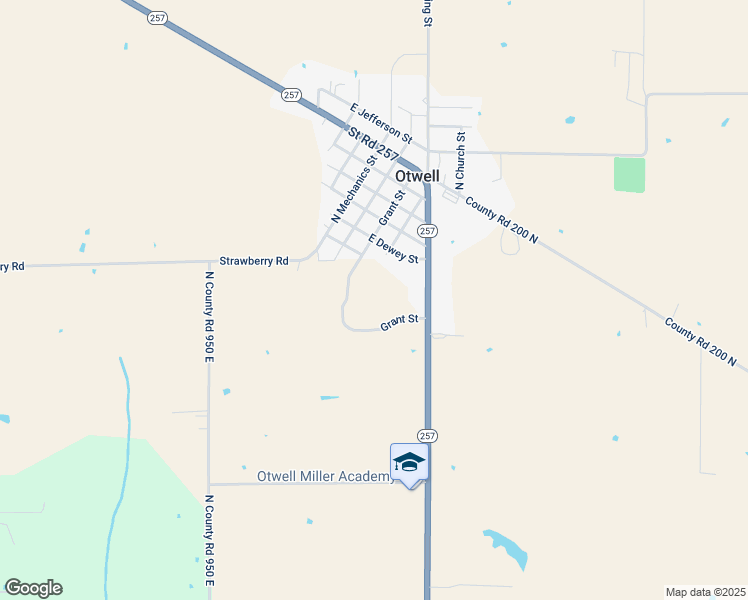 map of restaurants, bars, coffee shops, grocery stores, and more near 1869 Indiana 257 in Otwell