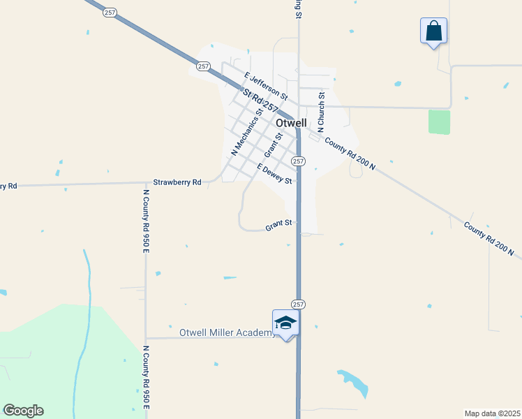 map of restaurants, bars, coffee shops, grocery stores, and more near 1869 Indiana 257 in Otwell