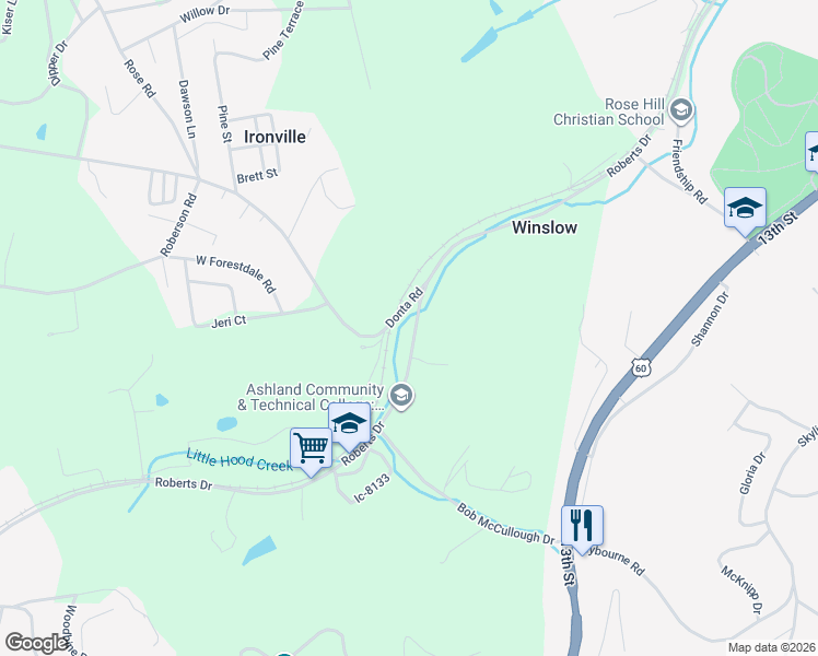 map of restaurants, bars, coffee shops, grocery stores, and more near 4531 Roberts Drive in Ashland