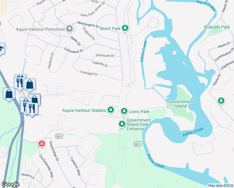 map of restaurants, bars, coffee shops, grocery stores, and more near 101 Pilgrim Cove in Stafford