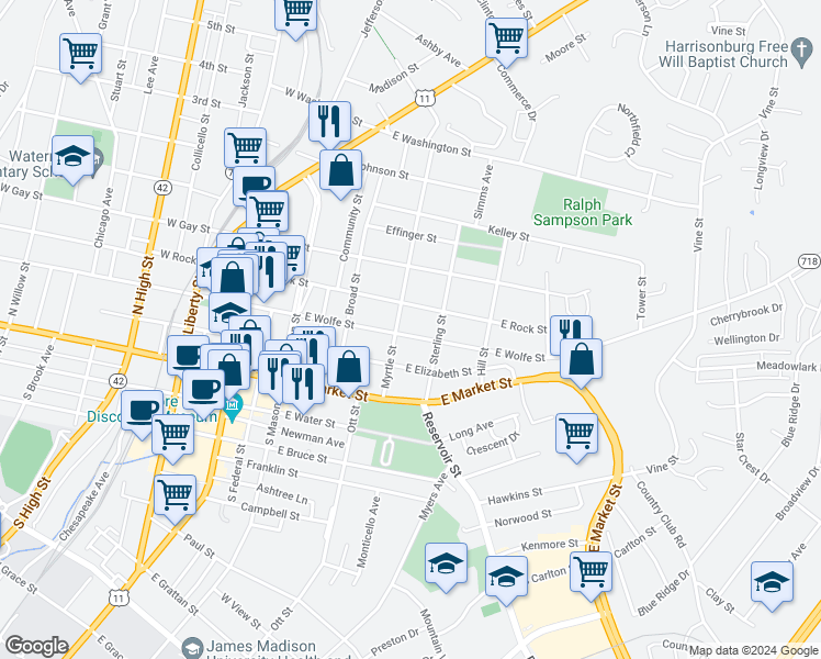 map of restaurants, bars, coffee shops, grocery stores, and more near 424 East Wolfe Street in Harrisonburg