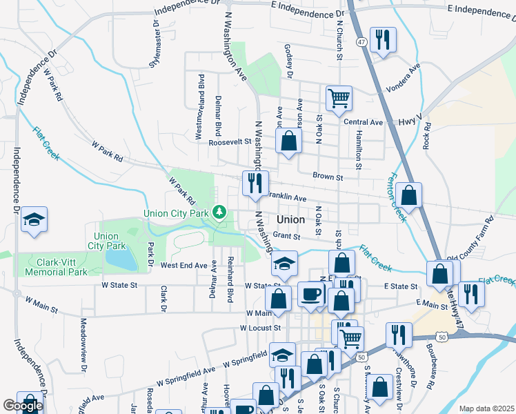 map of restaurants, bars, coffee shops, grocery stores, and more near 615 North Washington Avenue in Union