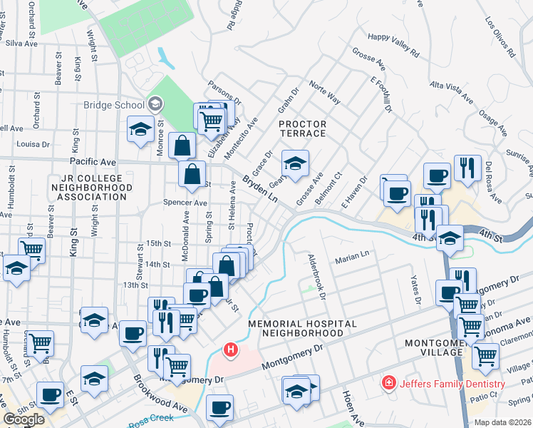 map of restaurants, bars, coffee shops, grocery stores, and more near 1828 Austin Way in Santa Rosa