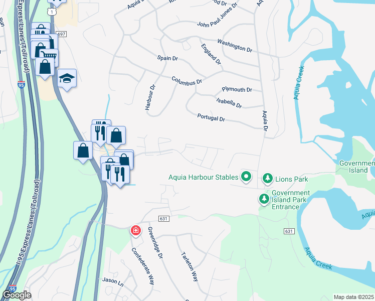 map of restaurants, bars, coffee shops, grocery stores, and more near 43 White Pine Circle in Stafford