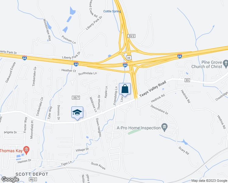 map of restaurants, bars, coffee shops, grocery stores, and more near 125 Friendship Lane in Scott Depot