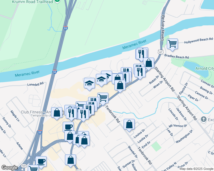 map of restaurants, bars, coffee shops, grocery stores, and more near 739 Jeffco Boulevard in Arnold