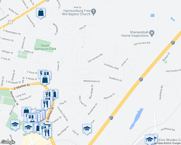 map of restaurants, bars, coffee shops, grocery stores, and more near 1111 Wellington Drive in Harrisonburg