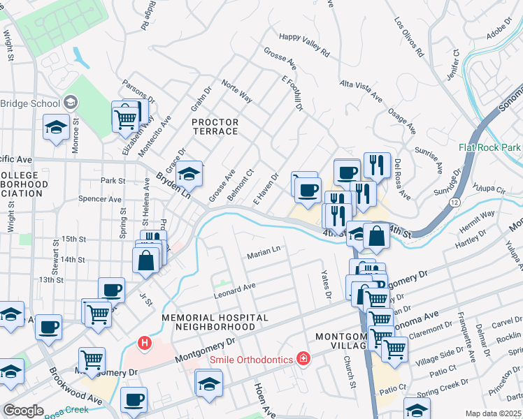 map of restaurants, bars, coffee shops, grocery stores, and more near 1910 East Haven Drive in Santa Rosa