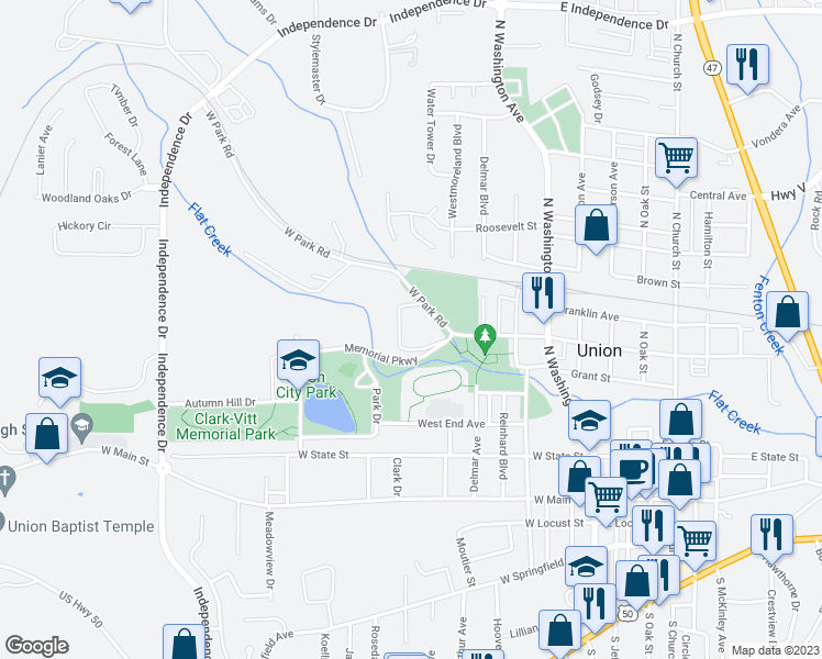 map of restaurants, bars, coffee shops, grocery stores, and more near 400 West Park Avenue in Union
