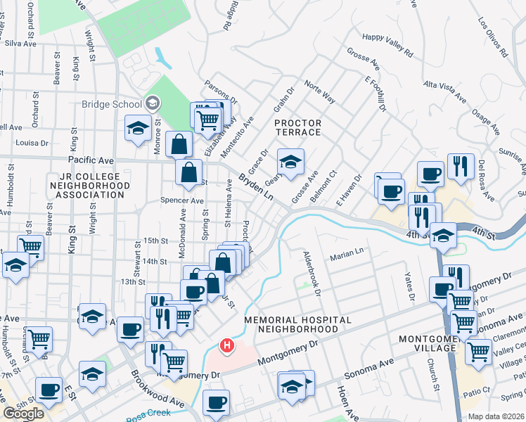 map of restaurants, bars, coffee shops, grocery stores, and more near 1828 Austin Way in Santa Rosa