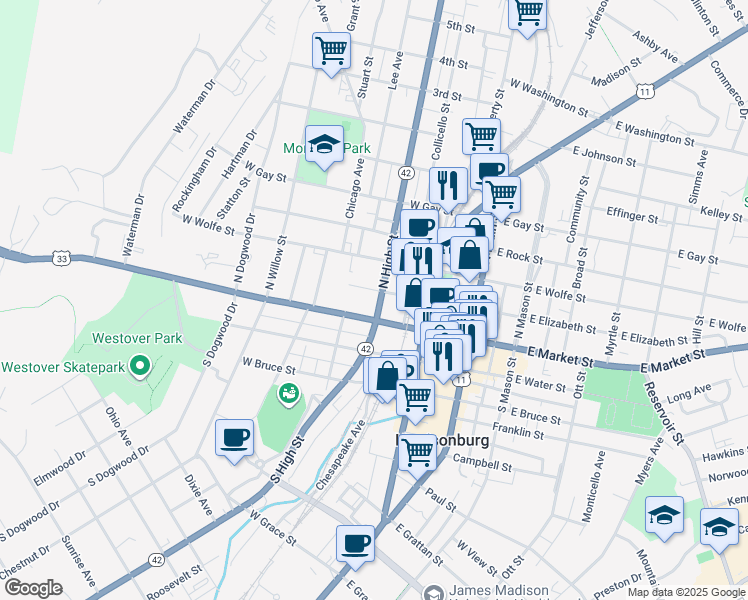 map of restaurants, bars, coffee shops, grocery stores, and more near 264 West Elizabeth Street in Harrisonburg