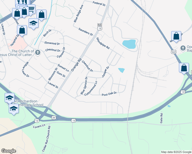 map of restaurants, bars, coffee shops, grocery stores, and more near 2172 Juniper Drive in Culpeper