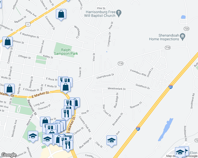 map of restaurants, bars, coffee shops, grocery stores, and more near 1019 Cherrybrook Drive in Harrisonburg