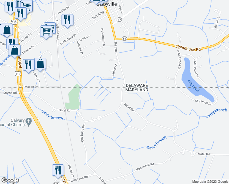 map of restaurants, bars, coffee shops, grocery stores, and more near 10059 Hotel Road in Bishopville