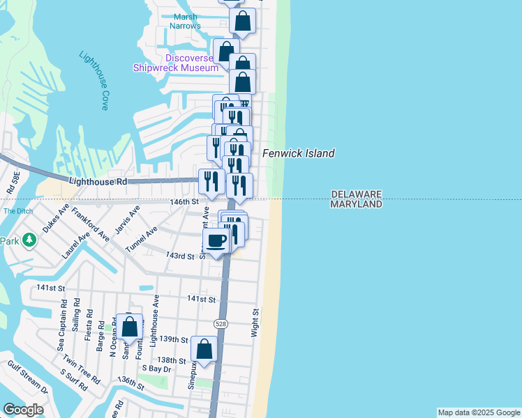 map of restaurants, bars, coffee shops, grocery stores, and more near 118 146th Street in Ocean City