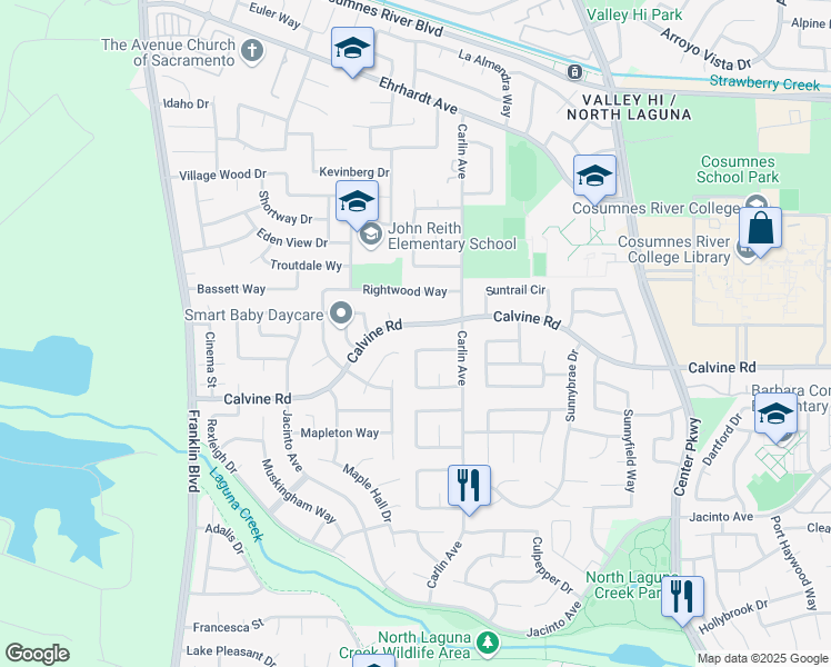 map of restaurants, bars, coffee shops, grocery stores, and more near 5820 Calvine Road in Sacramento