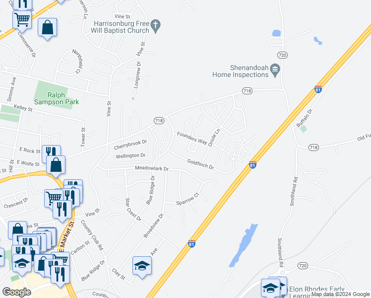 map of restaurants, bars, coffee shops, grocery stores, and more near 1274 Settlers Lane in Harrisonburg
