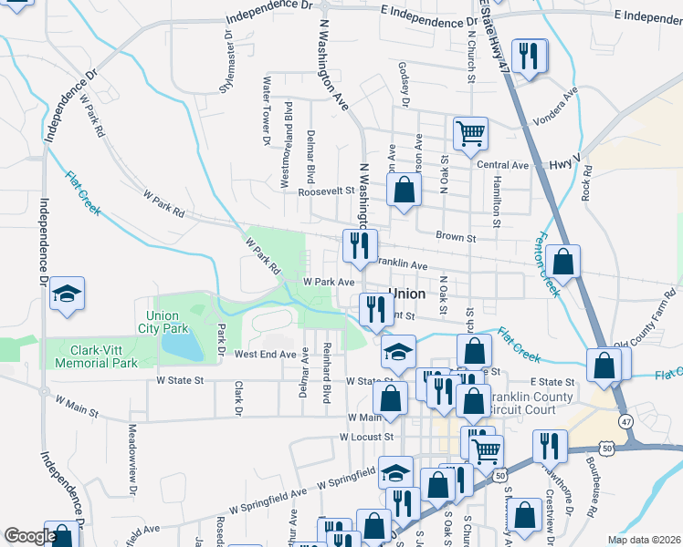 map of restaurants, bars, coffee shops, grocery stores, and more near 619 North Washington Avenue in Union
