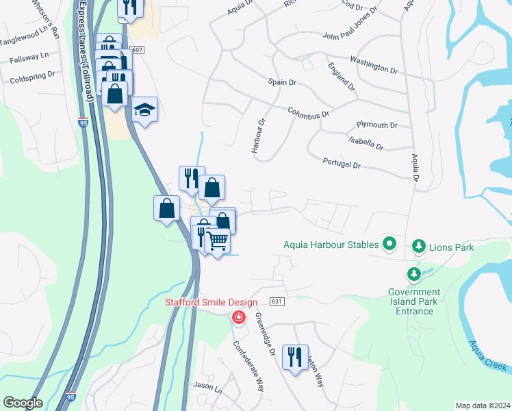 map of restaurants, bars, coffee shops, grocery stores, and more near 30 Wild Oak Lane in Stafford