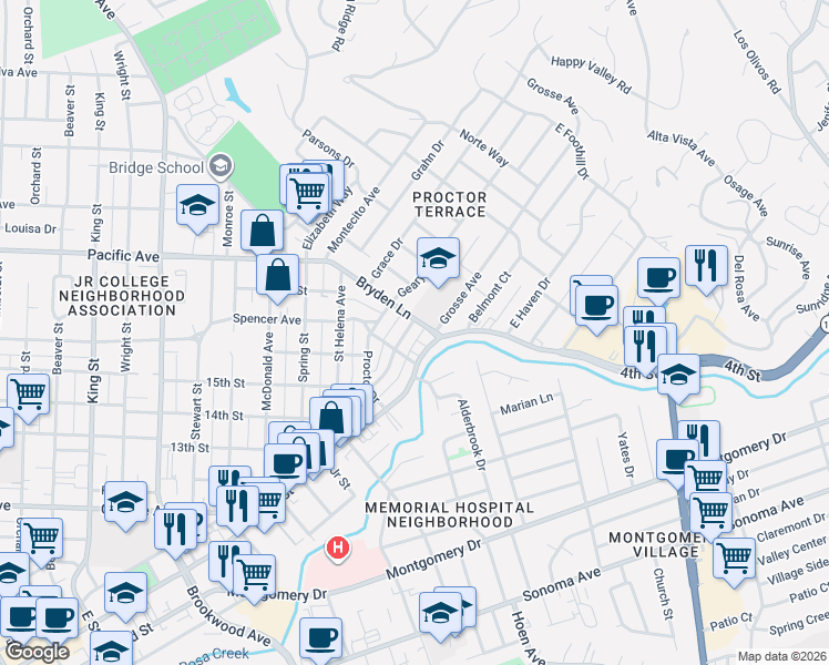 map of restaurants, bars, coffee shops, grocery stores, and more near 1828 Austin Way in Santa Rosa